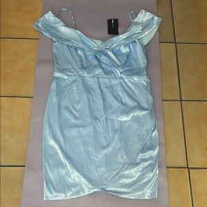 Fashion Nova Blue Ruched Off-Shoulder Midi Dress 37